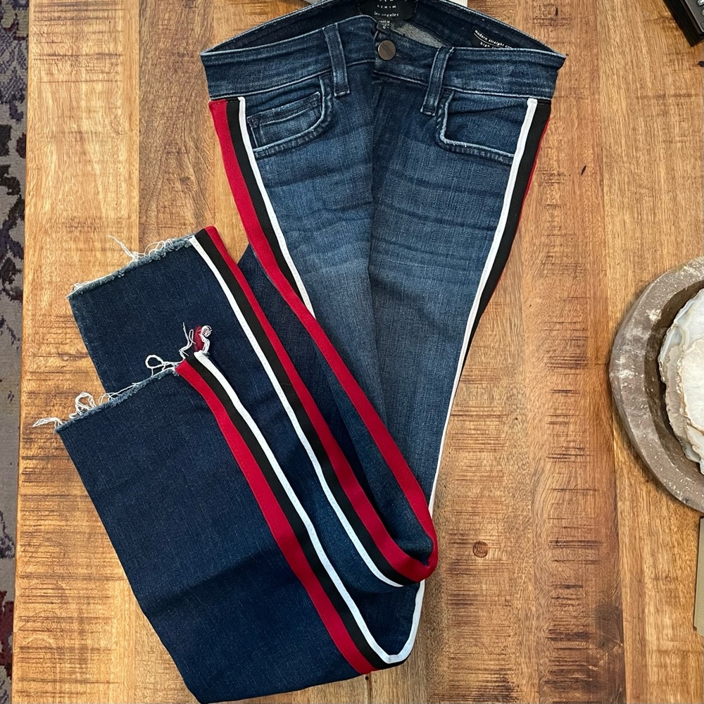 Sanctuary Dark Blue Cropped Denim Jeans with Red and White Stripes On Side Hems